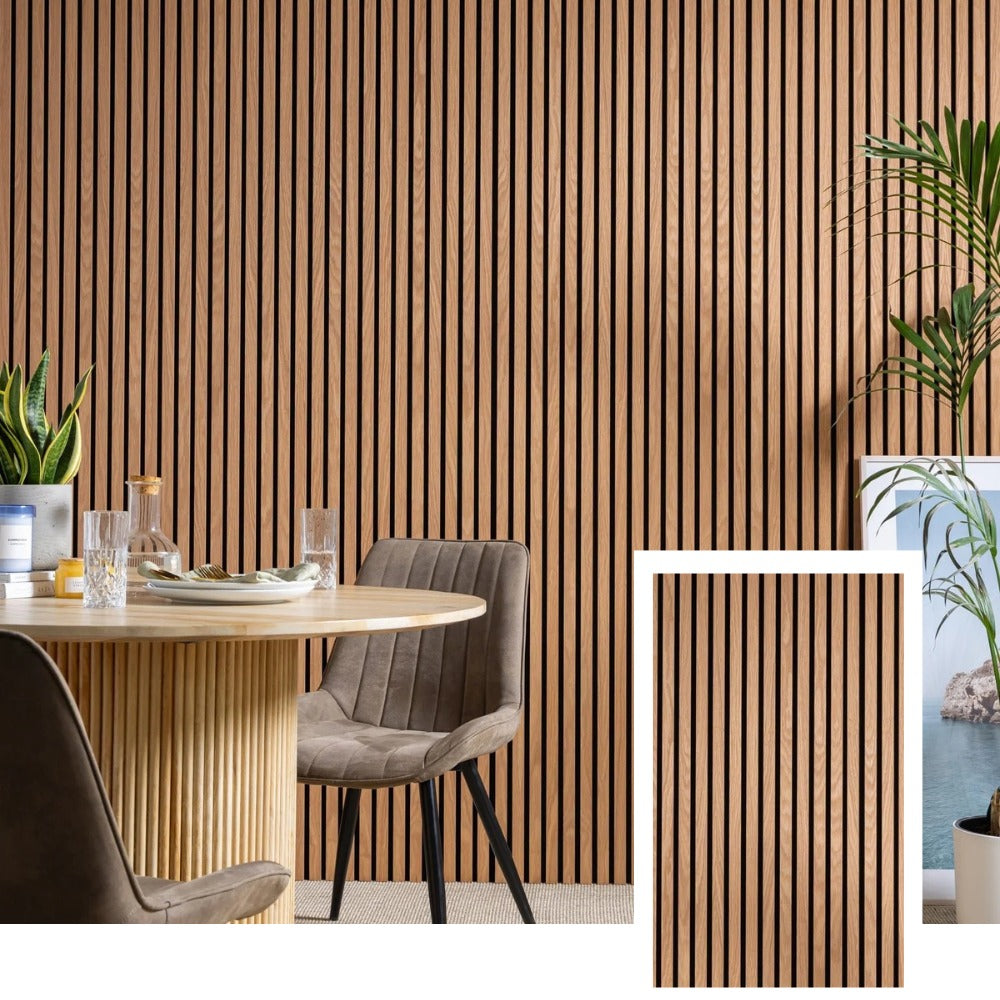 Panel de lamas acústicas de precisión AcoustiLine™ — Roble ahumado (2,7 m × 1,10 m)