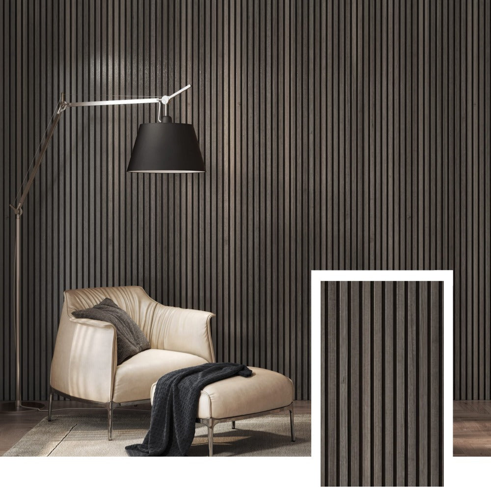Panel de lamas acústicas de precisión AcoustiLine™ — Roble ahumado (2,7 m × 1,10 m)